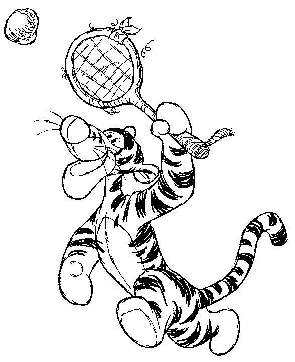 Раскраски из зарубежного мультфильма про Винни Пуха и его друзей для самых маленьких   Тигруля играет в теннис, мультфильм винни пух, тигр