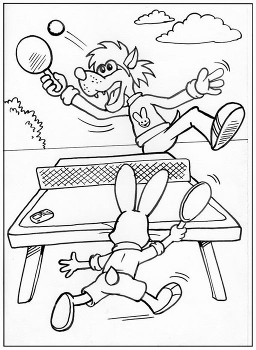 Раскраски к мультфильму Ну погоди, раскраски про волка и зайца для детей  Волк и заяц играют в настольный теннис, мультфильм ну погоди, теннисный стол