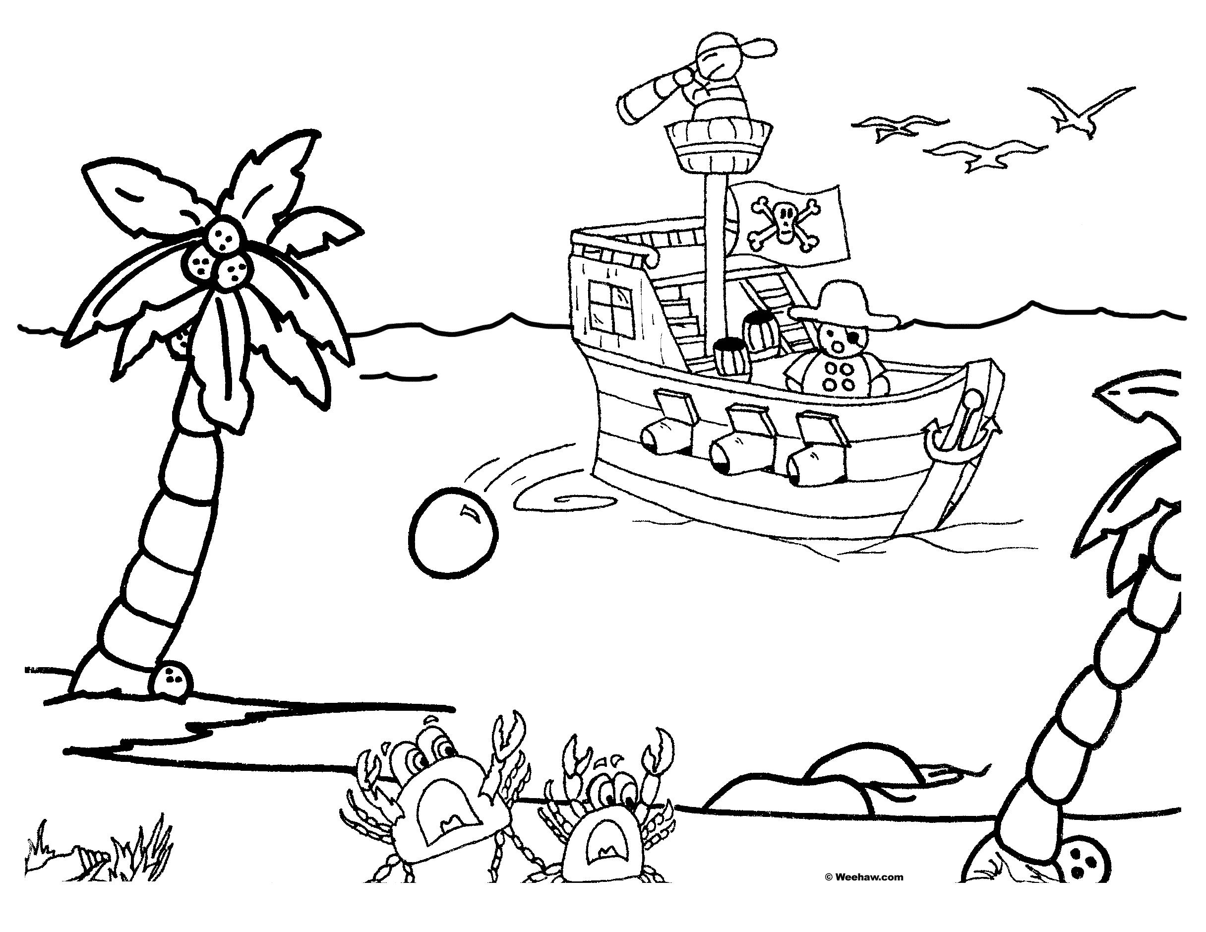  Корабль пиратов возле острова, крабы, пальмы, птицы, песок, море