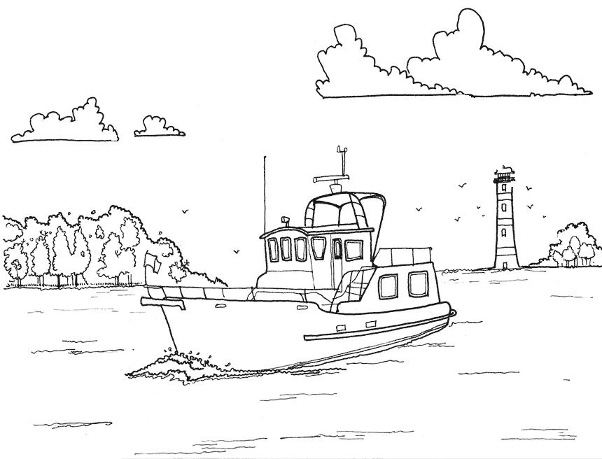 Яхта на фоне маяка  Маленькая яхта, река, деревья, маяк, птицы, чайки, небо, облака
