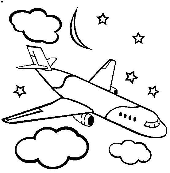 Раскраски облака для школьников, раскраски для начальной школы облака, природные явления  Самолет в ночном небе, звезды, месяц и облака