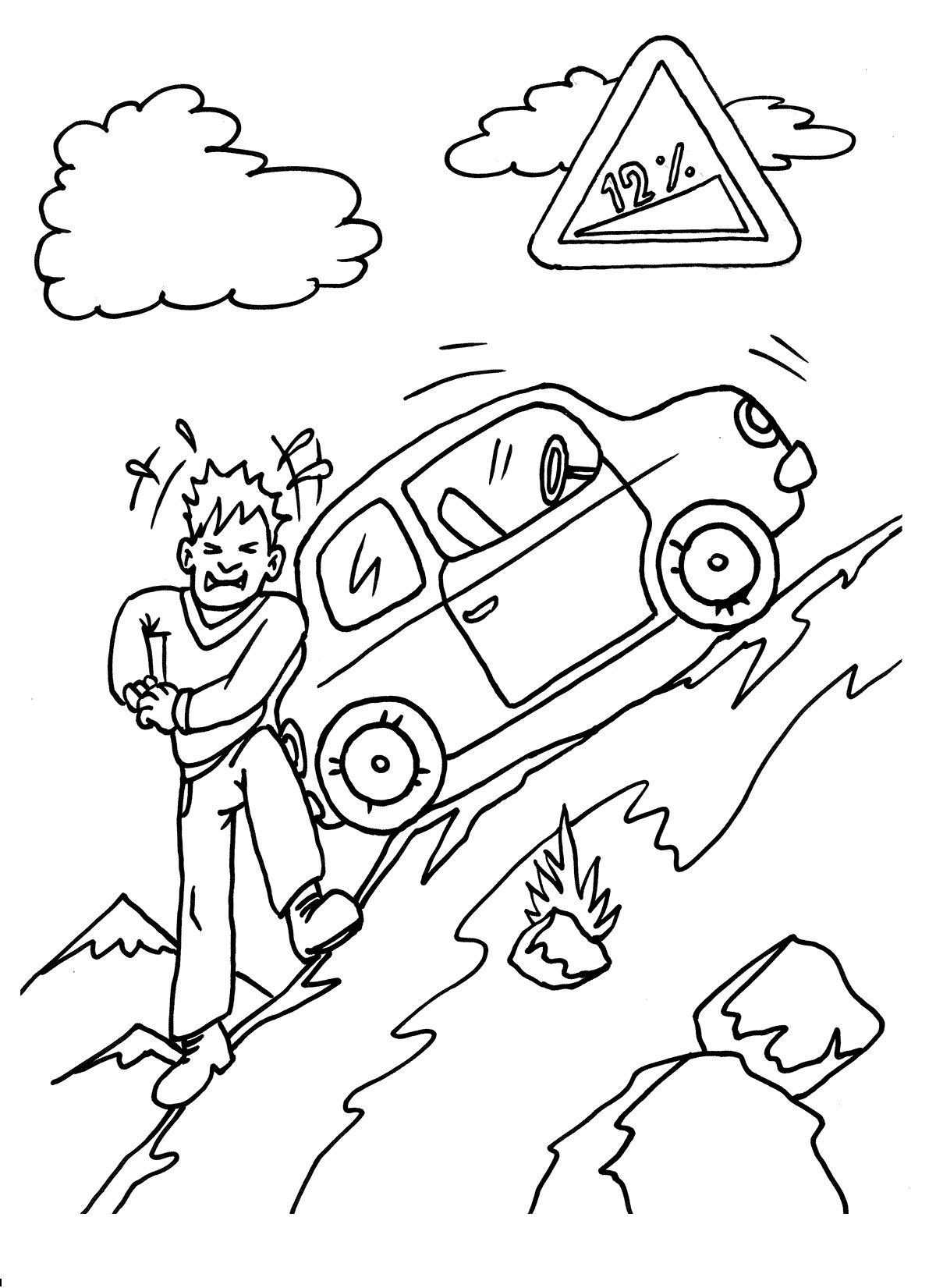  Дорожные знаки, крутой подъем, водитель толкает машину сзади по горе, камни, облака