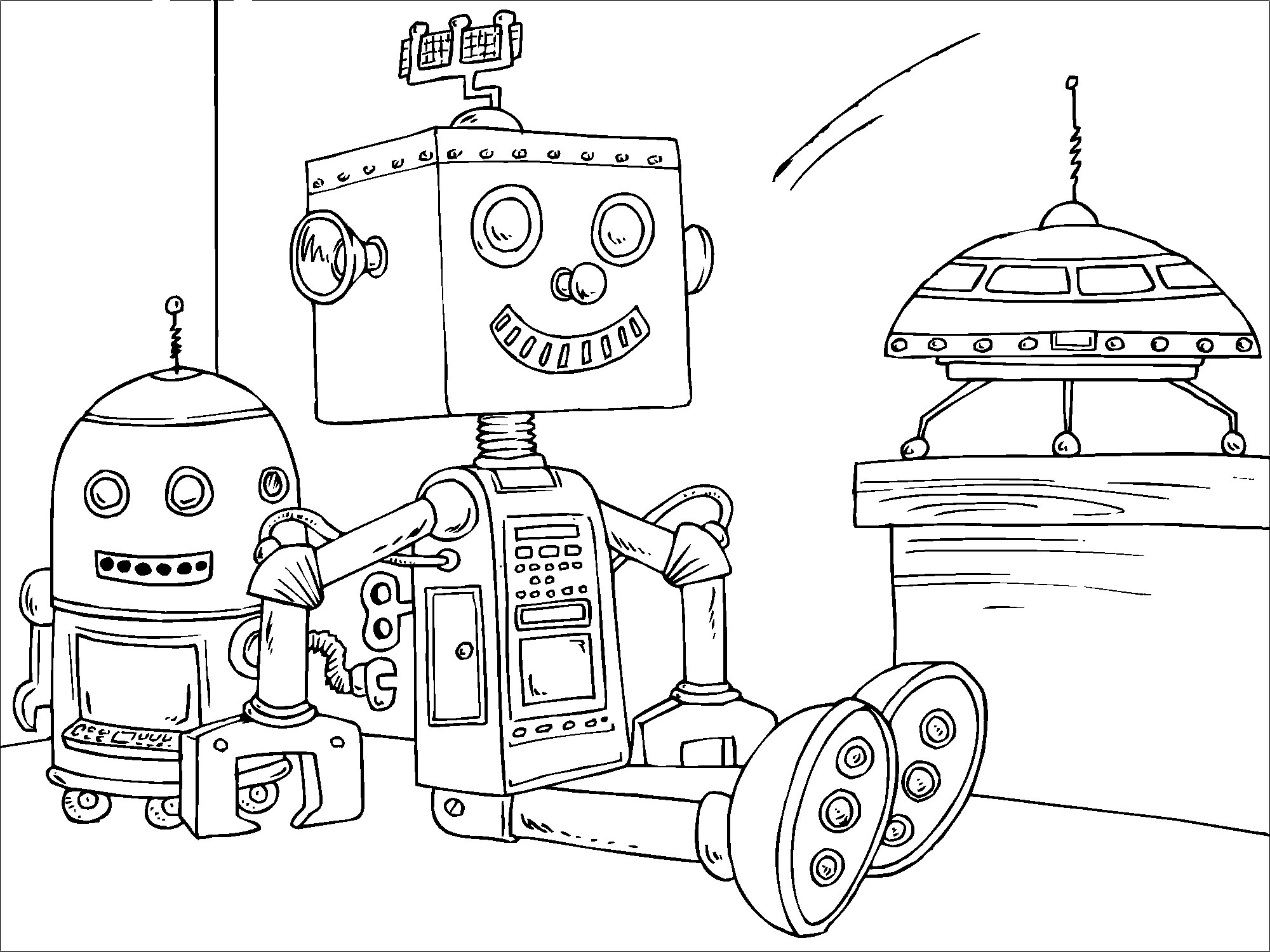 Раскраски с роботами из зарубежных мультфильмов для подростков  Маленькие роботы сидят