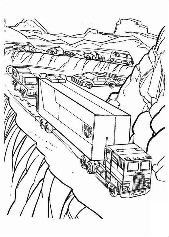 Раскраски трансформеры для мальчиков  Трансформеры, караван машин движущихся вдоль по горной дороге
