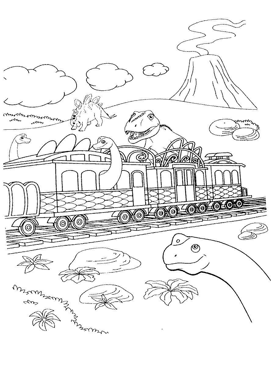  Поезд динозавров, кусты, вулкан