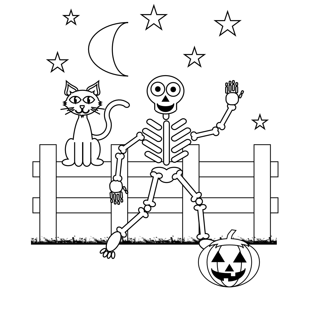 Скелет возле забора, кошка на заборе, тыква на хэллуин, ночь, месяц и звезды