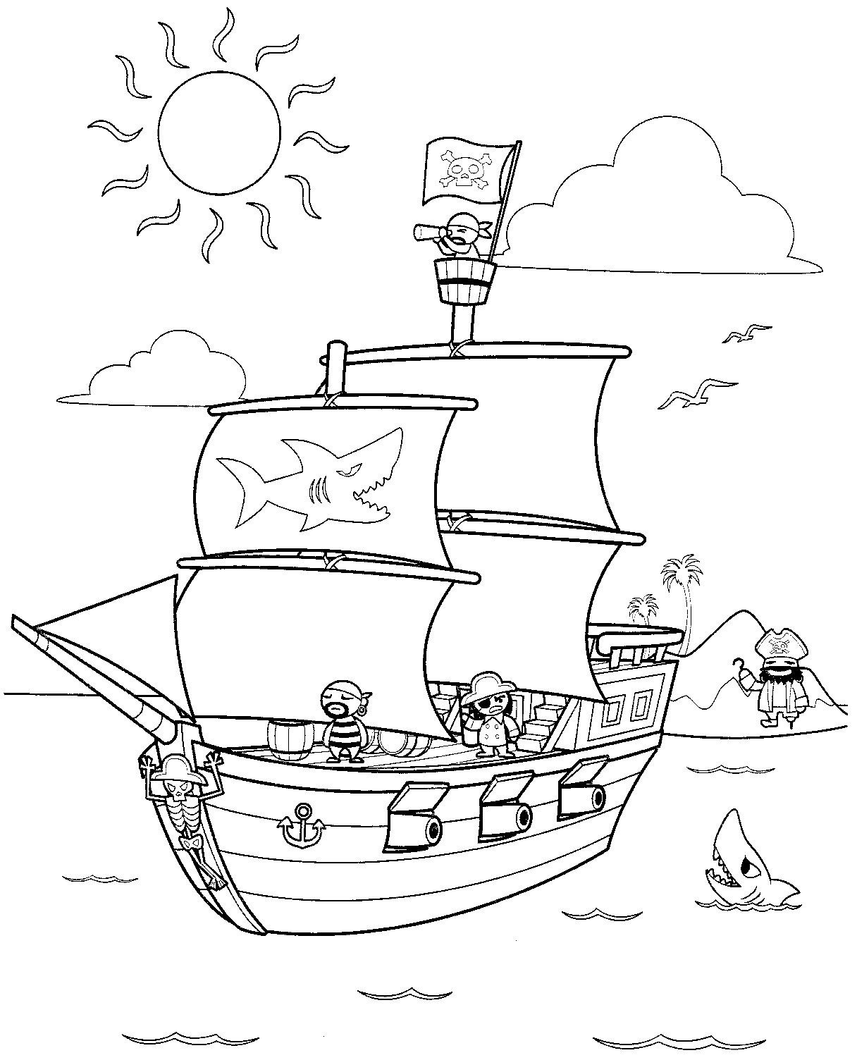 Пираты на корабле, остров с пальмами, море, чайки, акулы