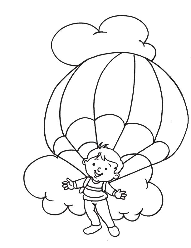 Раскраски облака для школьников, раскраски для начальной школы облака, природные явления  Мальчик летит на парашюте в окружении облаков