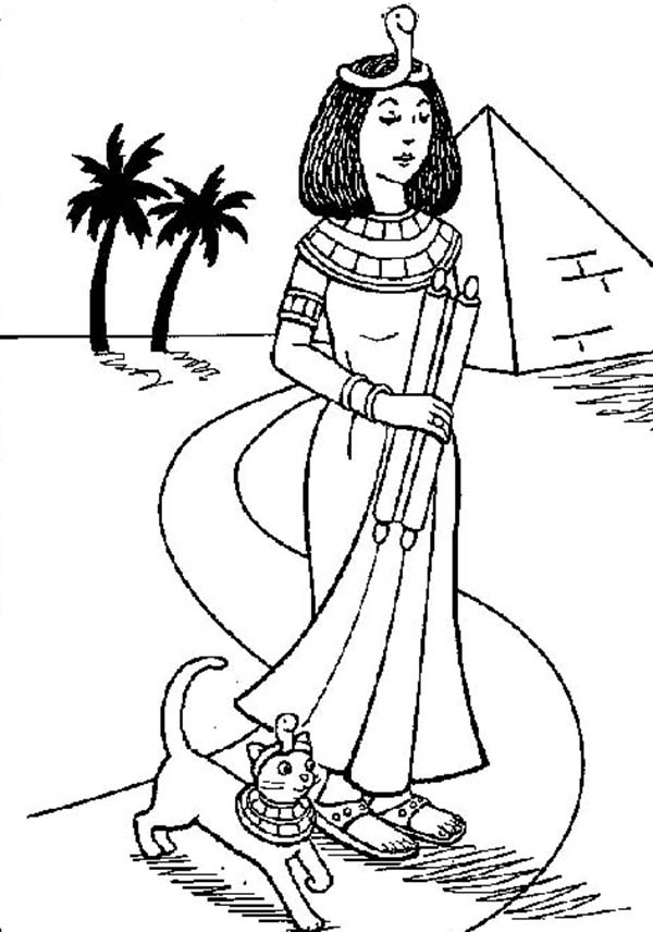 Принцесса Египта и ее кот  Древний мир, принцесса египта прогуливается со свитком в руках и кошкой, пирамида, пальмы, песок, пустыня