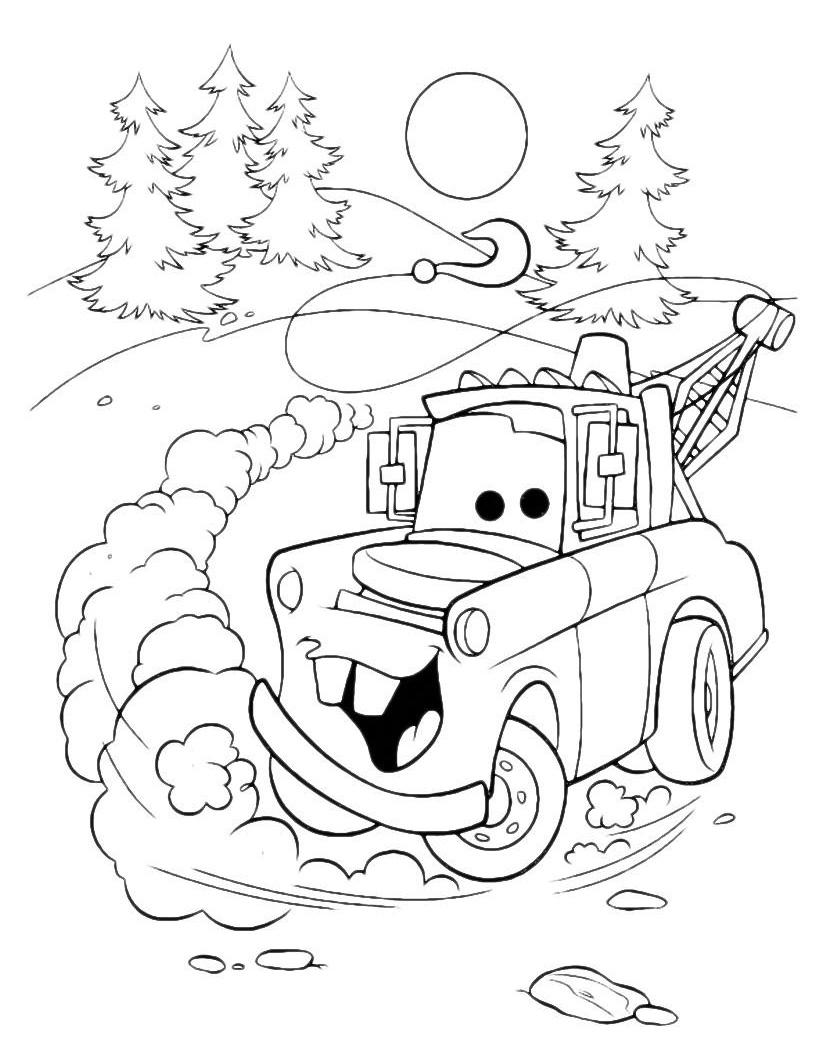 Раскраскидля мальчиков по мультфильму тачки  Тачки, эвакуатор в лесу