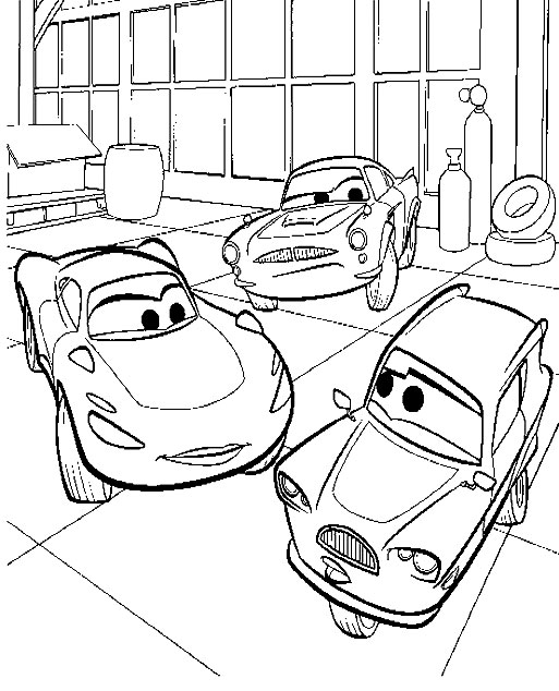 Раскраскидля мальчиков по мультфильму тачки  Три тачки, разговор, гараж
