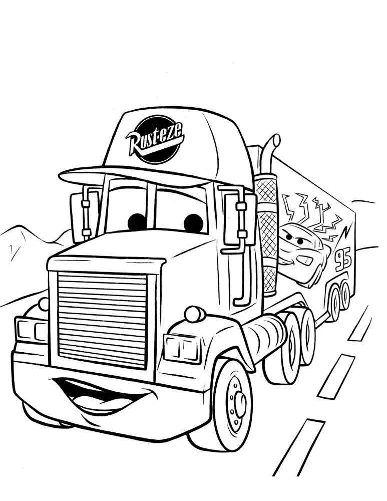 Раскраскидля мальчиков по мультфильму тачки  Тачки, грузовик в кепке едет по дороге, горы
