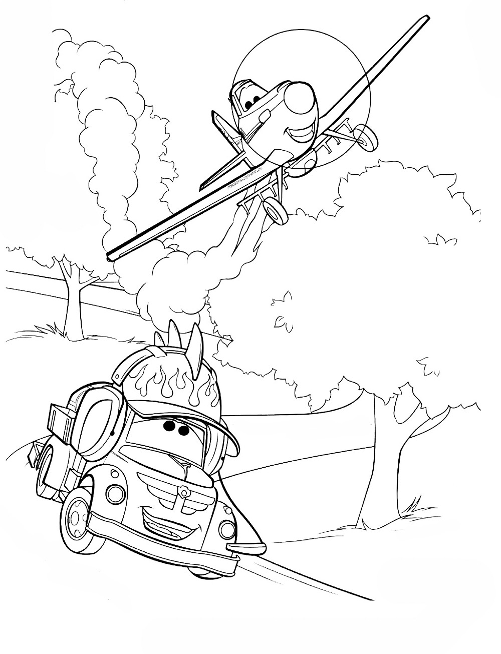Раскраски по мультфильму Самолеты от Дисней  Самолеты дисней, самолет разговаривает с тачкой, дорога, деревья