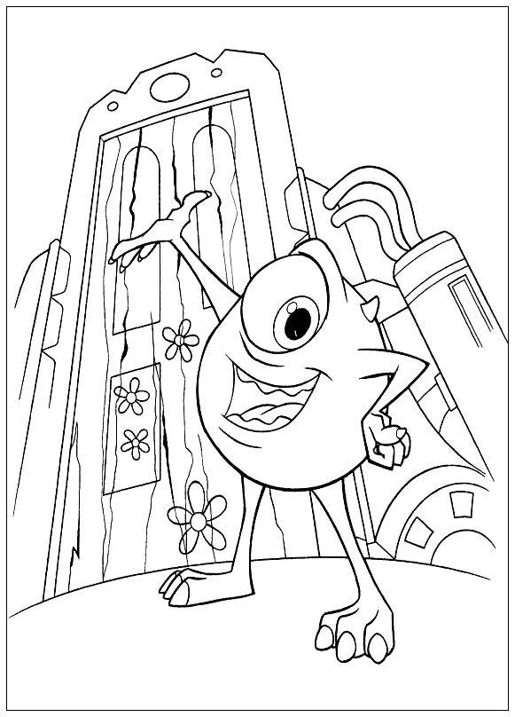 Раскраски по мультфильму Корпорация монстров для детей  Корпорация монстров, монстр с одним глазом указывает на дверь