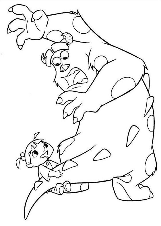 Раскраски по мультфильму Корпорация монстров для детей  Корпорация монстров, ребенок поймал монстра за хвост