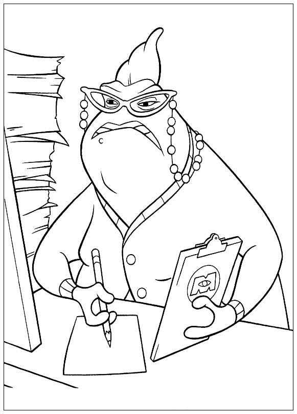 Раскраски по мультфильму Корпорация монстров для детей  Корпорация монстров, недовольная монстр в очках сидит за письменным столом с планшетом в руках