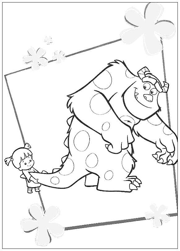 Раскраски по мультфильму Корпорация монстров для детей  Корпорация монстров, девочка тянет большого рогатого монстра за хвост