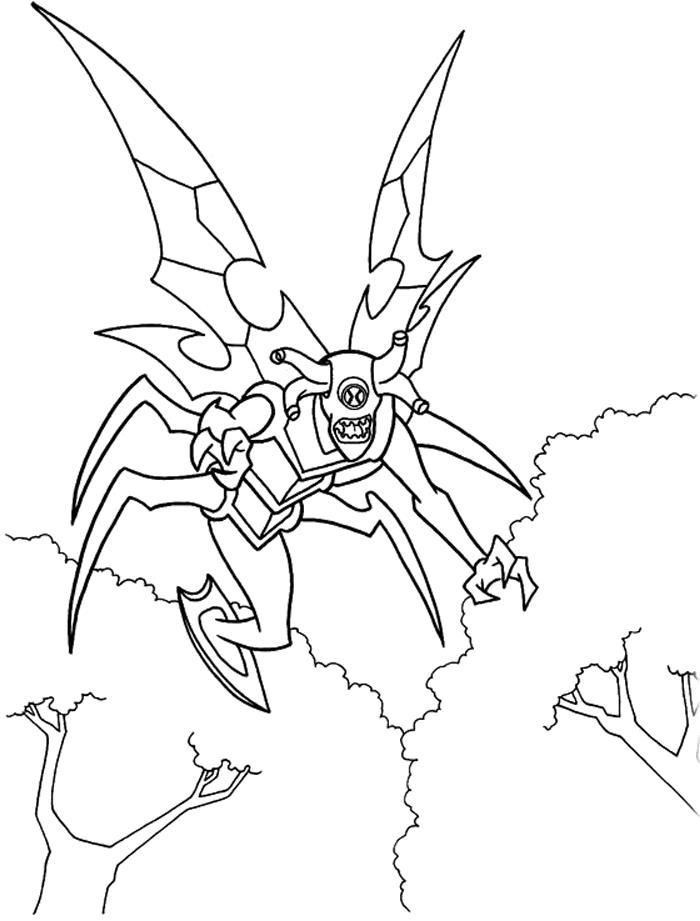 Раскраски по мультику Бен тен, мультфильмы про инопланетян  Бен тен, одна из форм пришельца похожая на насекомое с крыльями