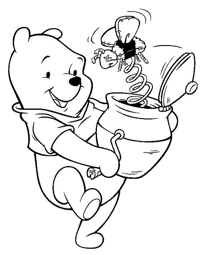 Раскраски из зарубежного мультфильма про Винни Пуха и его друзей для самых маленьких   Винни пух с горшочком, пчела на пружинке