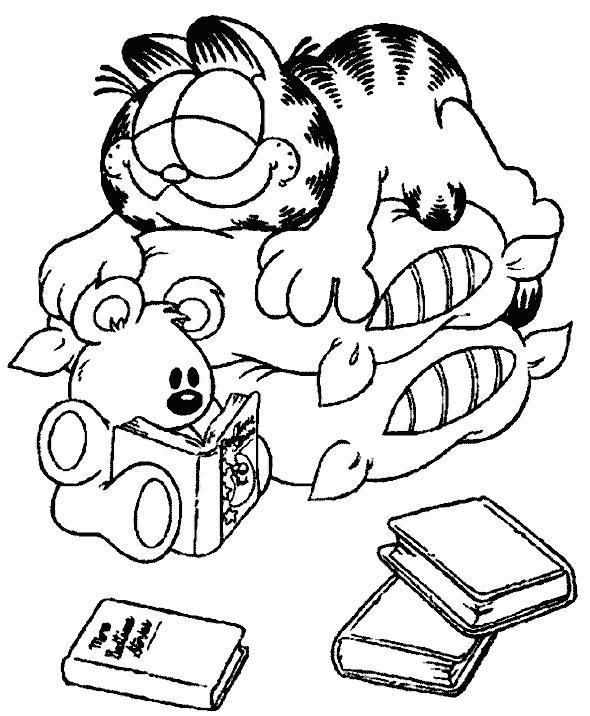 Раскраски про приключения кота Гарфилда для детей  Гарфилд спит на подушках, мишка читает книгу