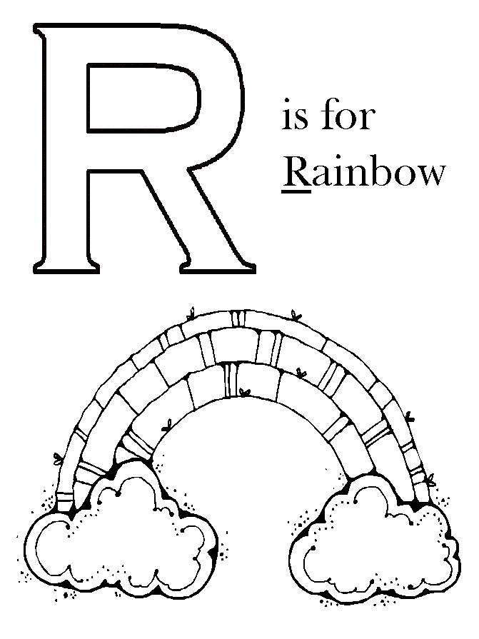 Раскраски радуга для самых маленьких, раскраски природные явления для малышей  Раскраски английские буквы, буква r и радуга в облаках
