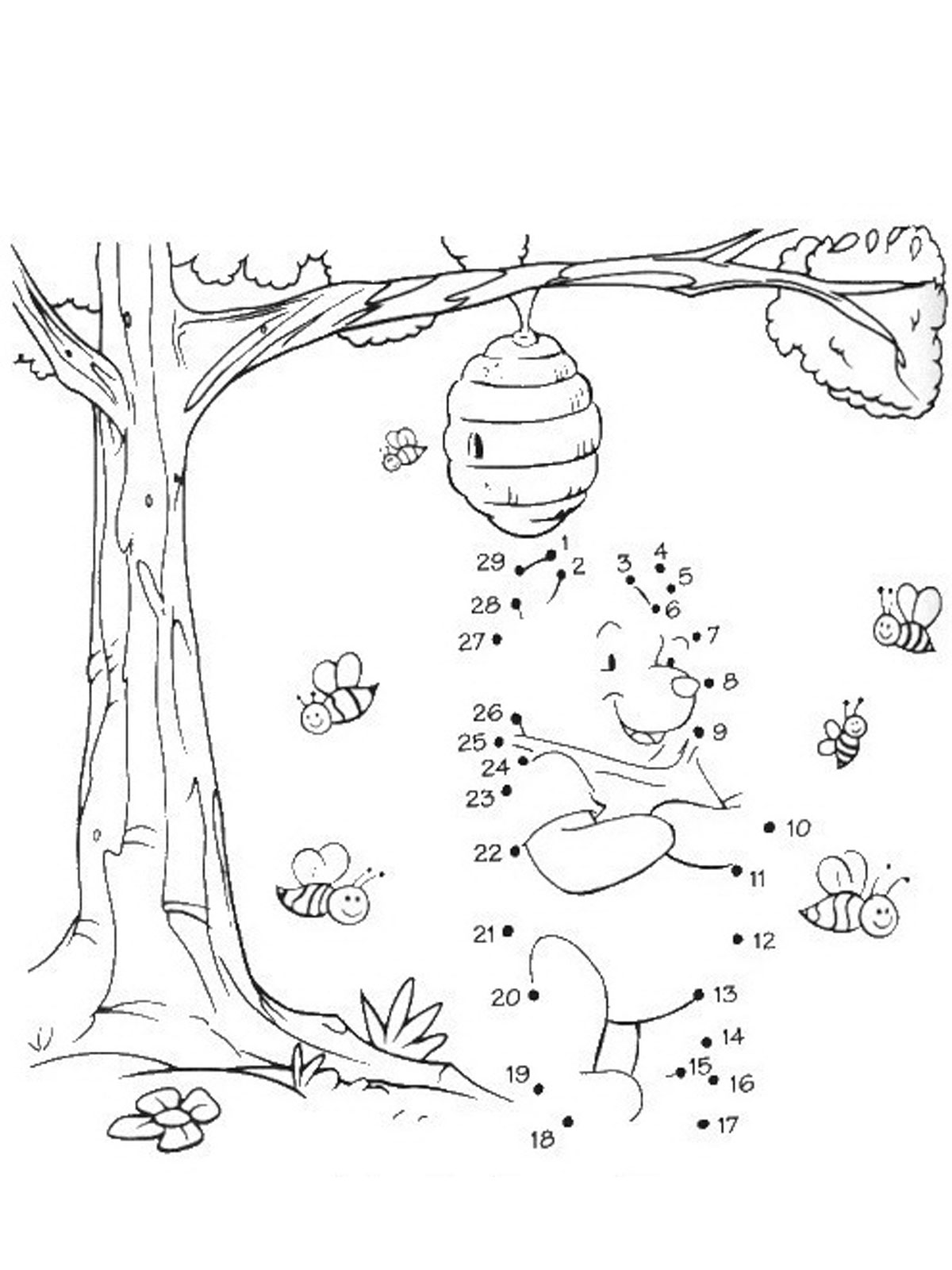 Раскраски из зарубежного мультфильма про Винни Пуха и его друзей для самых маленьких   Соедини точки чтоб получился винни пух