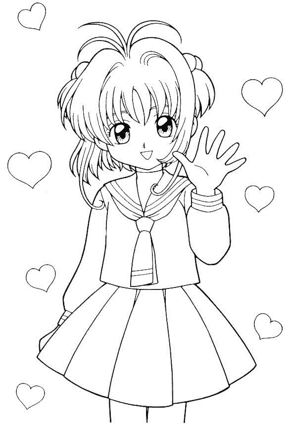 Раскраски девушек из аниме  Аниме девочка в сердечках
