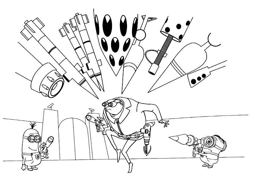 Раскраски для детей по комедийному мультфильму Гадкий Я  Миньоны, гадкий я и куча пушек