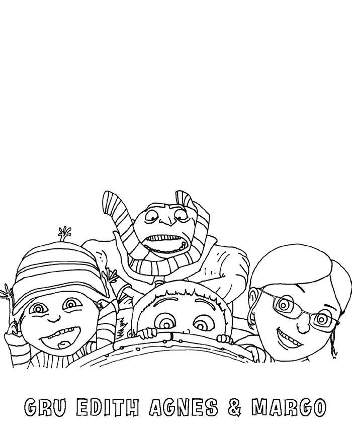 Раскраски для детей по комедийному мультфильму Гадкий Я  Грю, эдит, агнес и марго