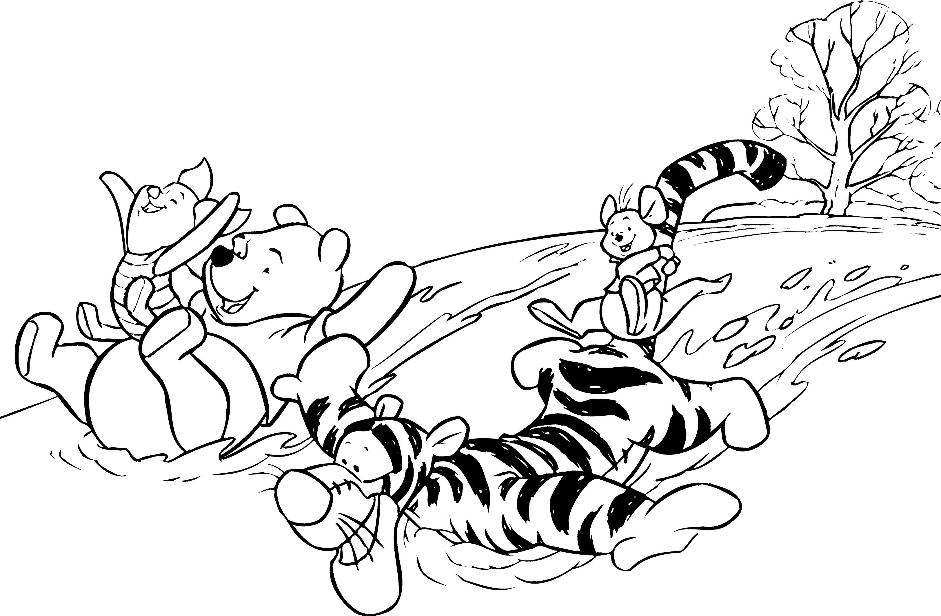 Раскраски из зарубежного мультфильма про Винни Пуха и его друзей для самых маленьких   Винни пух, тигр, кенгуру катятся с горы