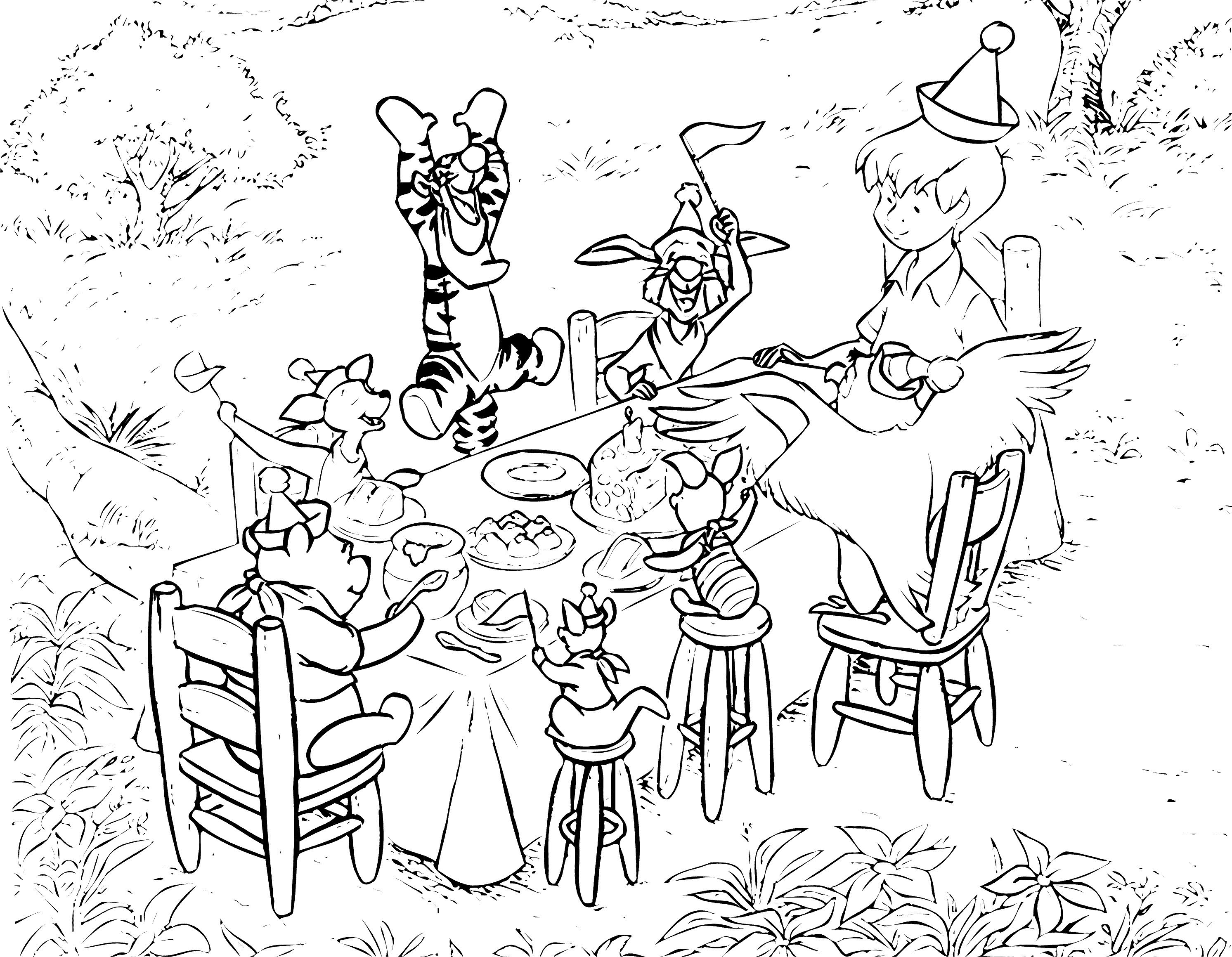 Раскраски из зарубежного мультфильма про Винни Пуха и его друзей для самых маленьких   Винни пух и компания за столом