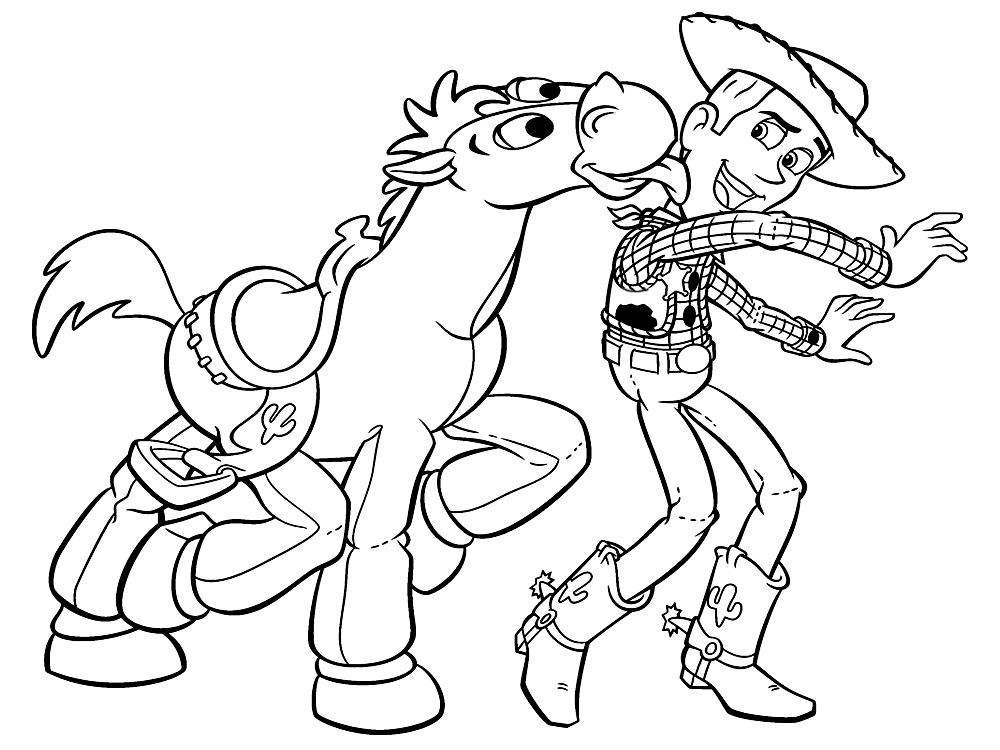 Раскраски  с Вуди по мультфильму Истории игрушек  История игрушек, лошадка лижет ковбоя вуди