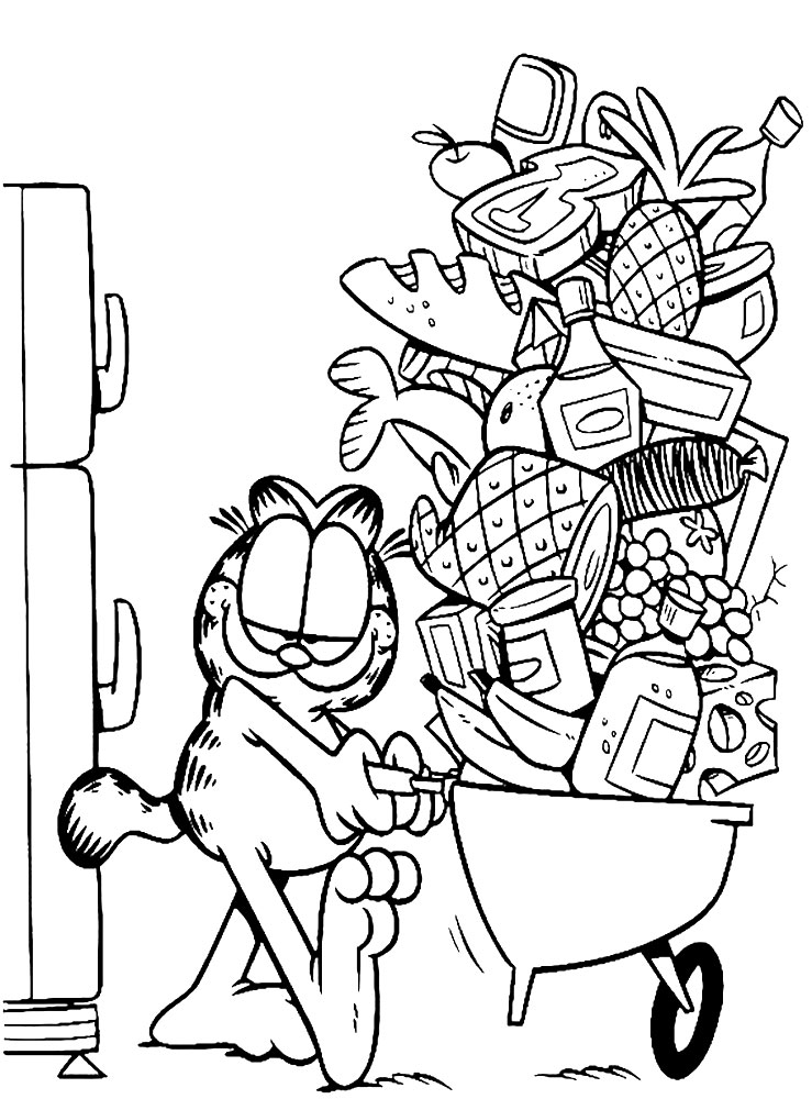 Раскраски про приключения кота Гарфилда для детей  Гарфилд с телегой еды