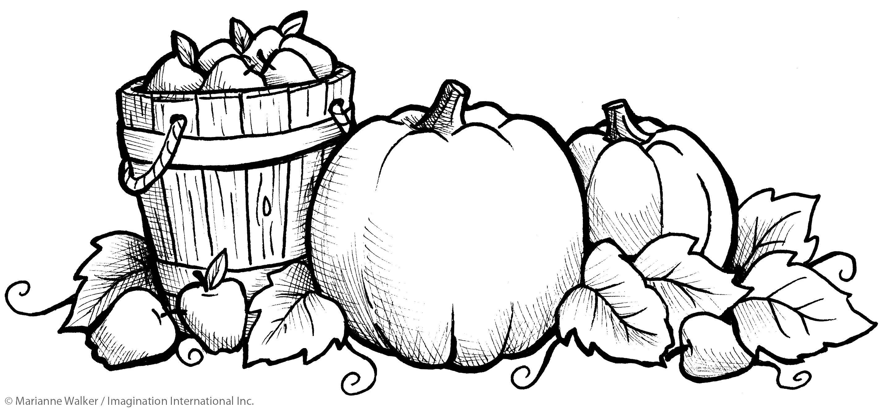 Раскраски времена года осень  Тыквы и бочка с яблоками