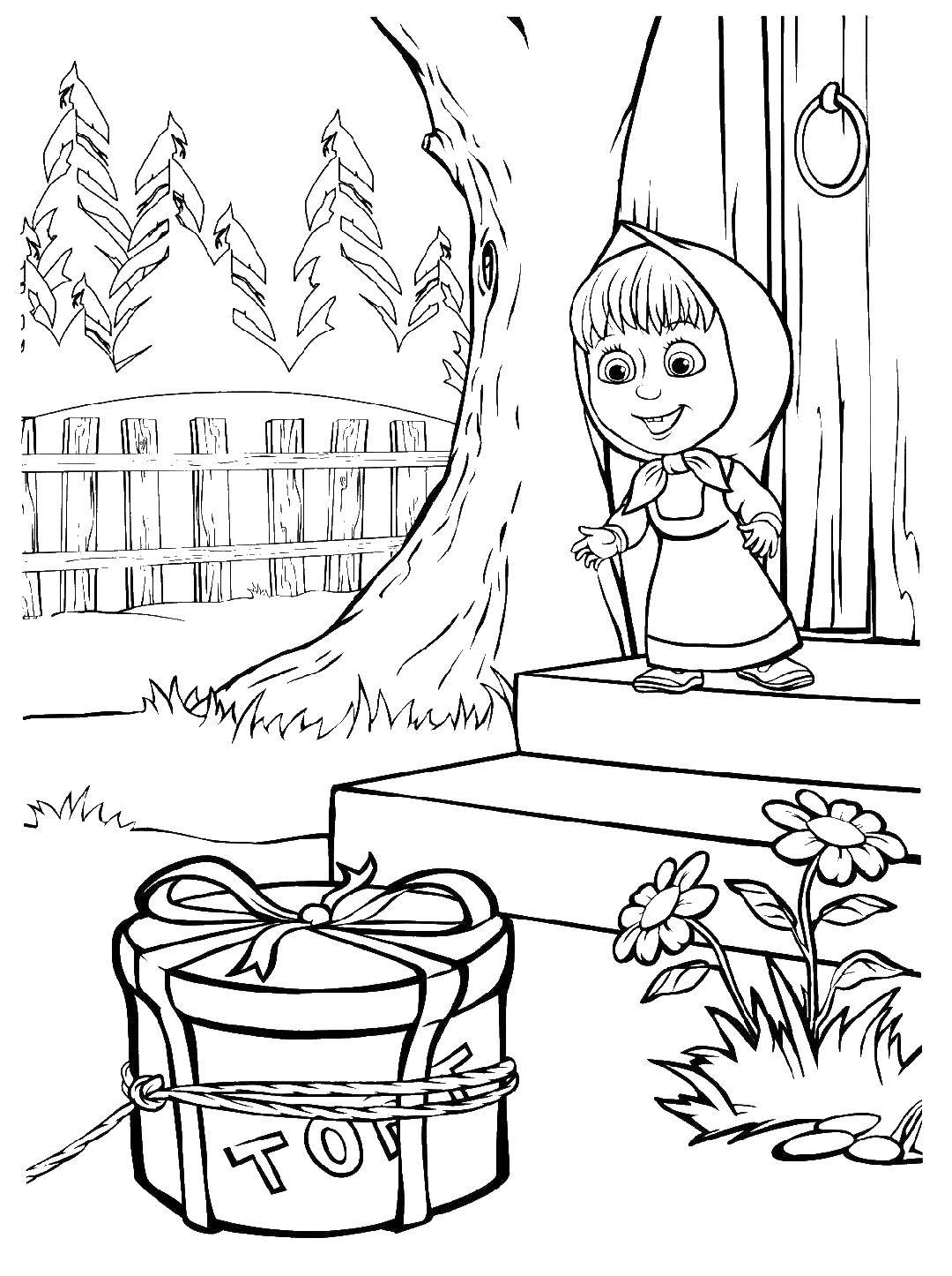 Раскраски для детей про озорную Машу из мультфильма Маша и медведь  Маша бежит за тортом