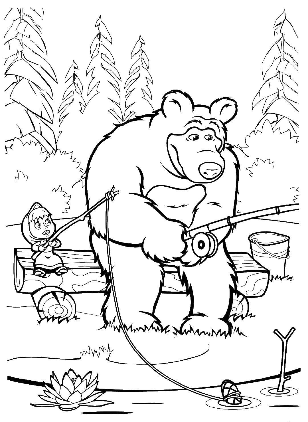 Раскраски для детей про озорную Машу из мультфильма Маша и медведь  Маша и медведь ловят рыбу