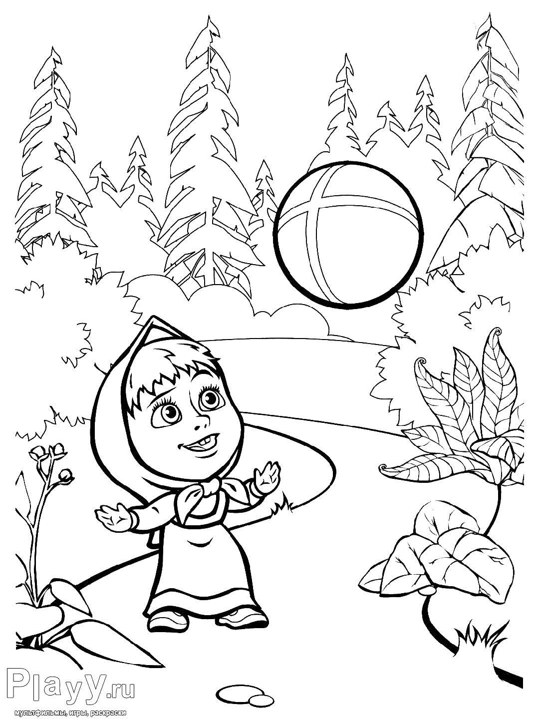Раскраски для детей про озорную Машу из мультфильма Маша и медведь  Маша играет с мячом