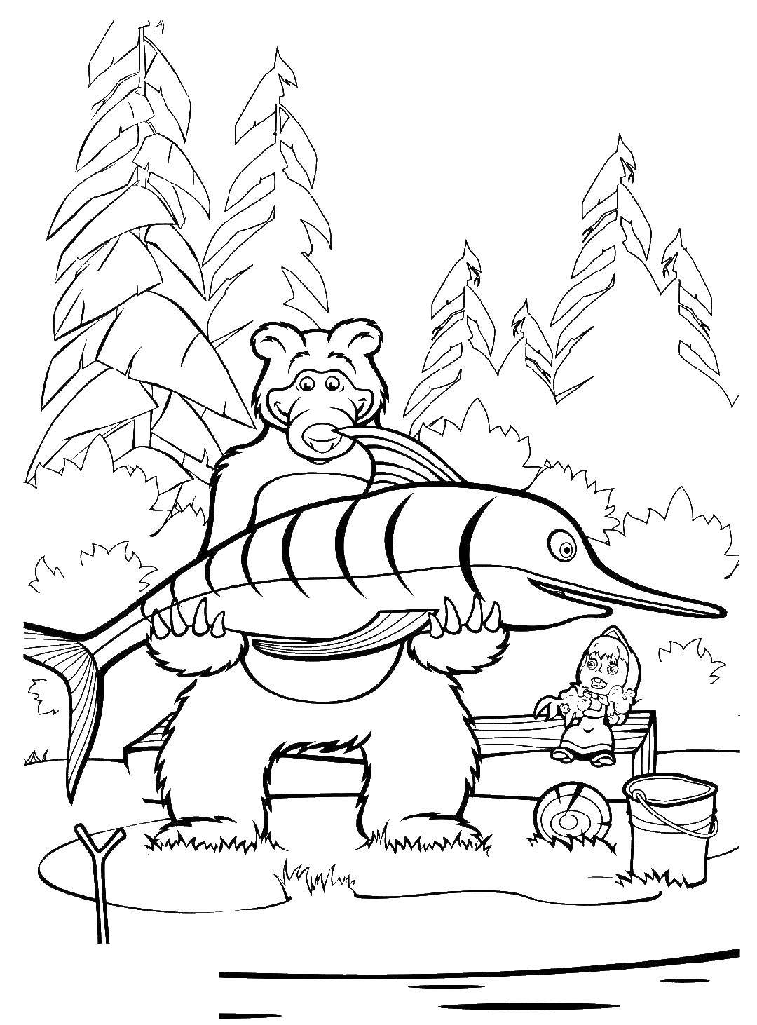 Раскраски для детей про озорную Машу из мультфильма Маша и медведь  Медведь поймал большую рыбу