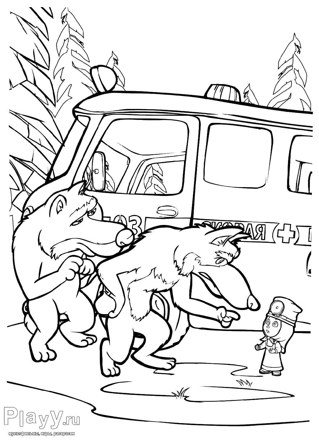 Раскраски для детей про озорную Машу из мультфильма Маша и медведь  Волки ругают машу