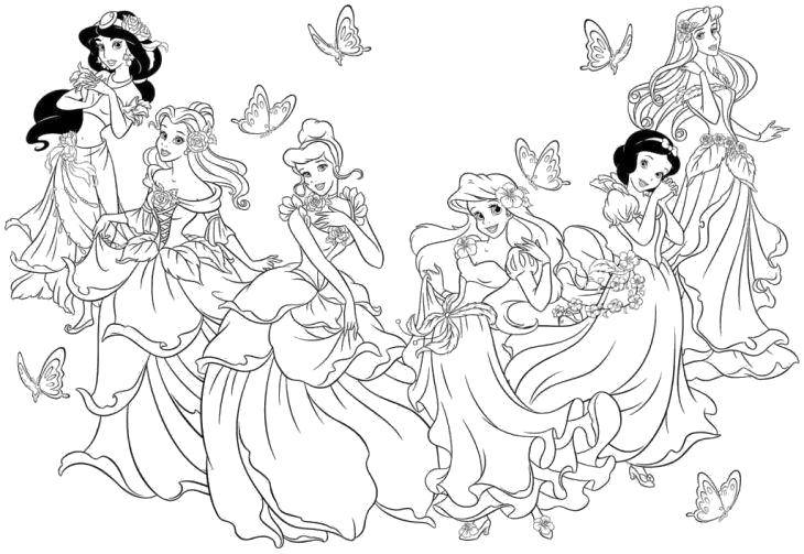 Раскраски про Белоснежку для девочек.  Жасмин, бэлль, золушка, ариэль, белоснежка и аврора