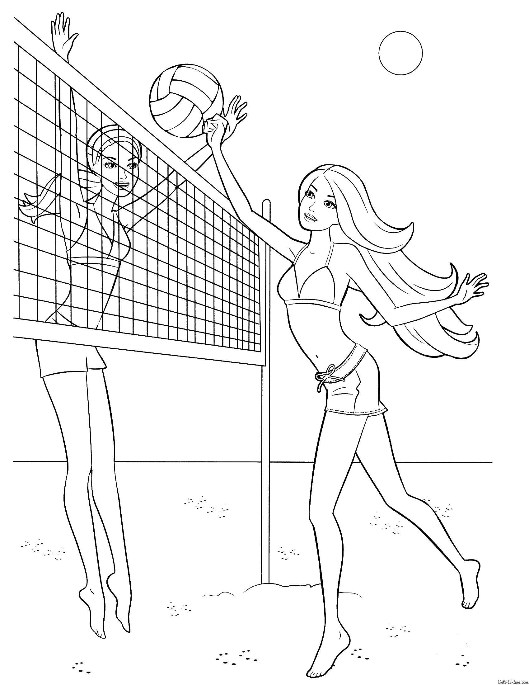 Раскраски с барби по серии мультфильмов  для девочек  Барби играют в волейбол