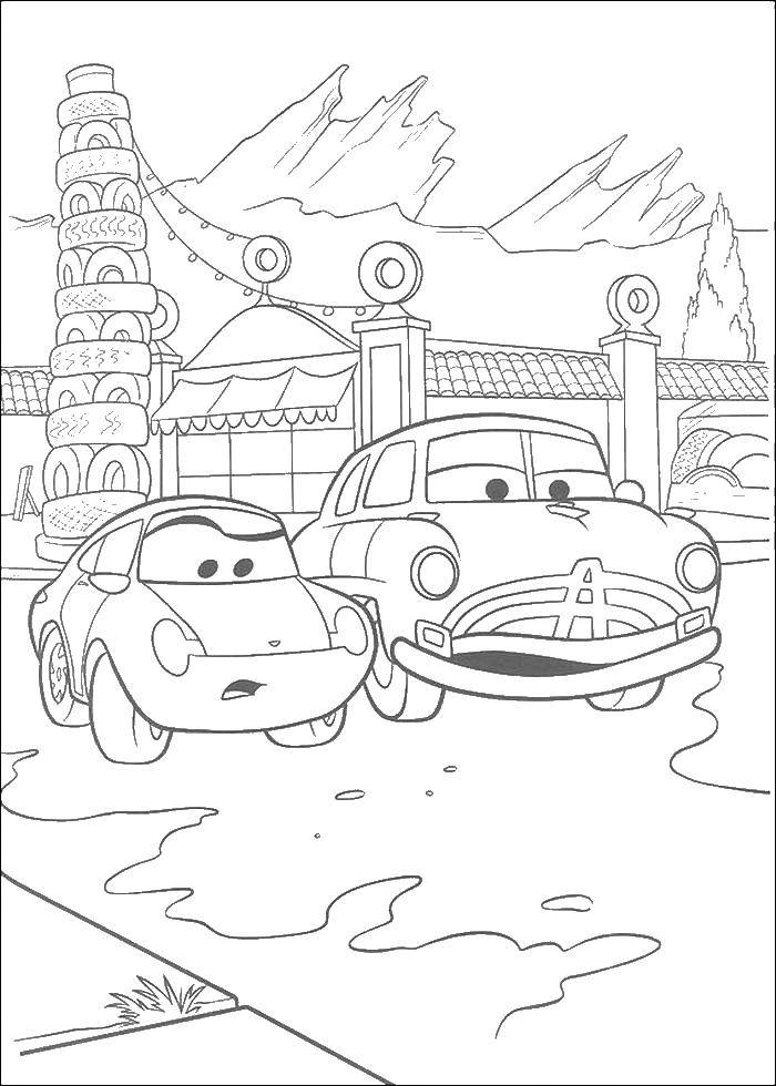 Раскраскидля мальчиков по мультфильму тачки  Док хадсон и салли смотрят на дорогу