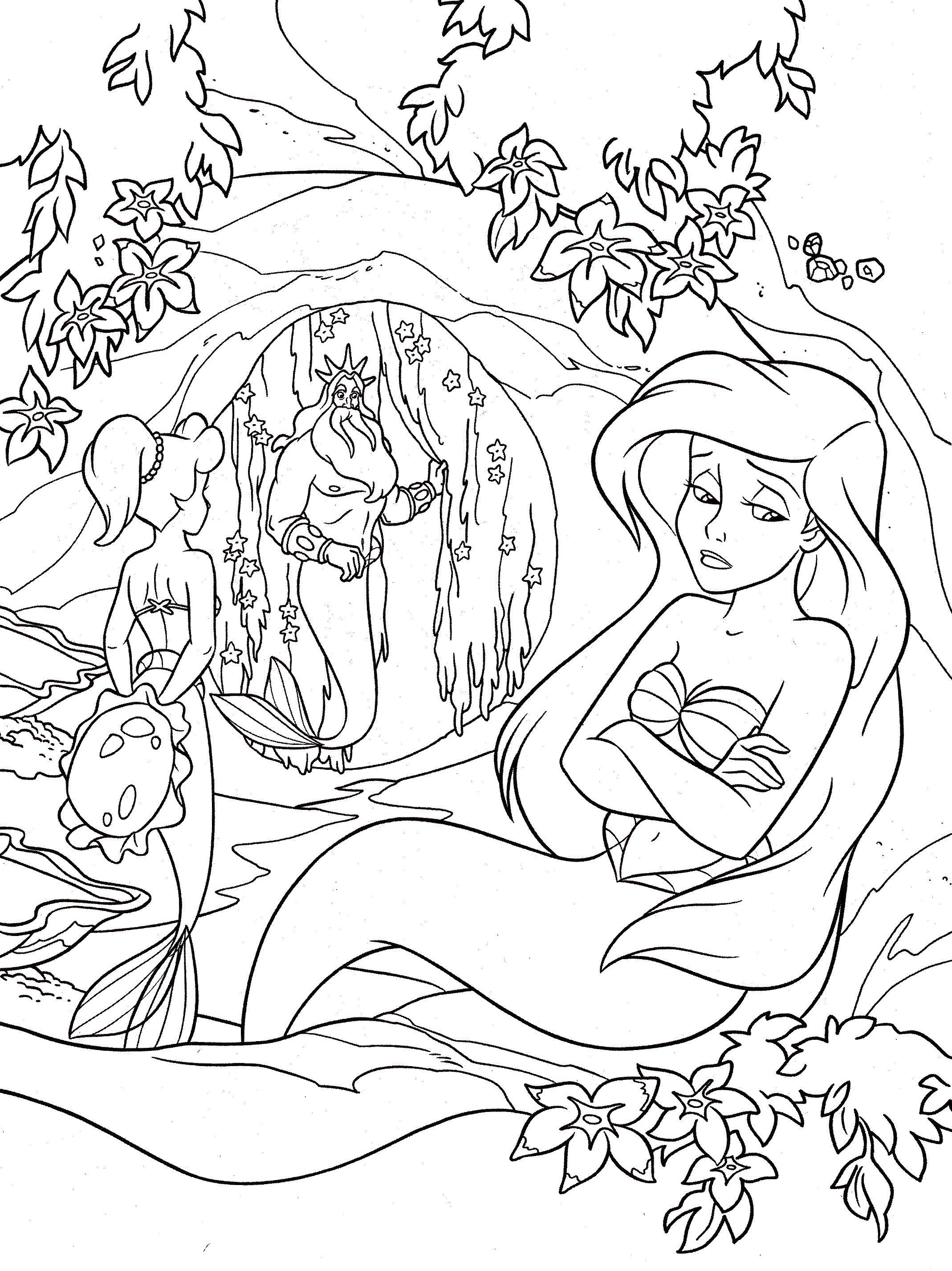 Раскраски по мультфильму русалочка для девочек  Нептун и ариэль.