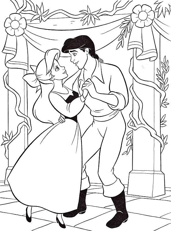 Раскраски по мультфильму русалочка для девочек  Принц эрик пригласил на танец ариэль