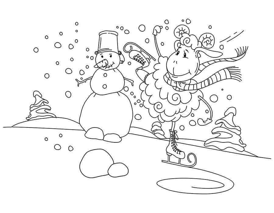 Раскраски подающий снег, снежинки, снега для детей, для занятий в начальной школе  Рисунок барана на коньках со снеговиком