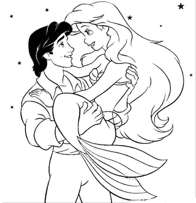 Раскраски по мультфильму русалочка для девочек  Русалка ариэль со своим принцем