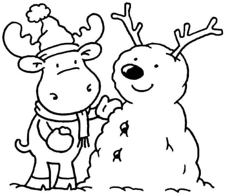 Раскраски для детей Зима, зимушка раскраски для школьников  Олень лепит снеговика