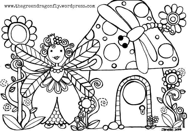 Раскраски с фея по зарубежным мультикам для девочек  Фея у домика грибочка
