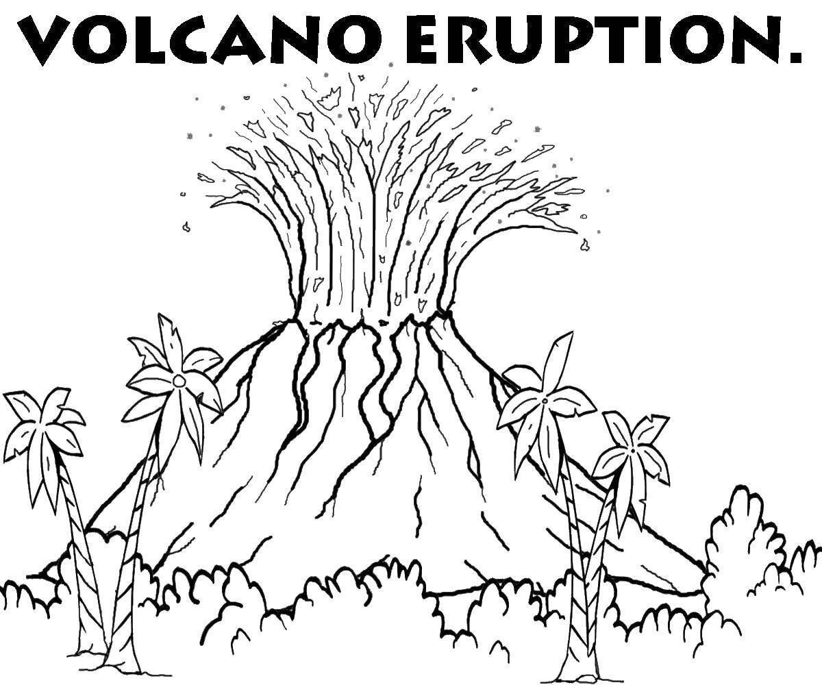 Раскраски вулкан для детей, раскраски для школьников, раскраски природа для начальной школы  Мощное извержение вулкана