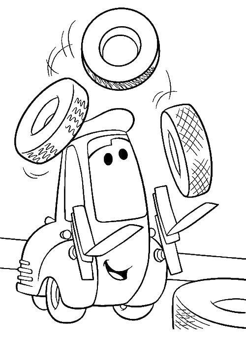 Раскраскидля мальчиков по мультфильму тачки  Гвидо жонглирует колесами